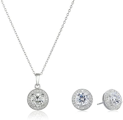 Amazon Collection Sterling Silver Cubic Zirconia Halo Pendant Necklace and Stud Earrings Jewelry Set