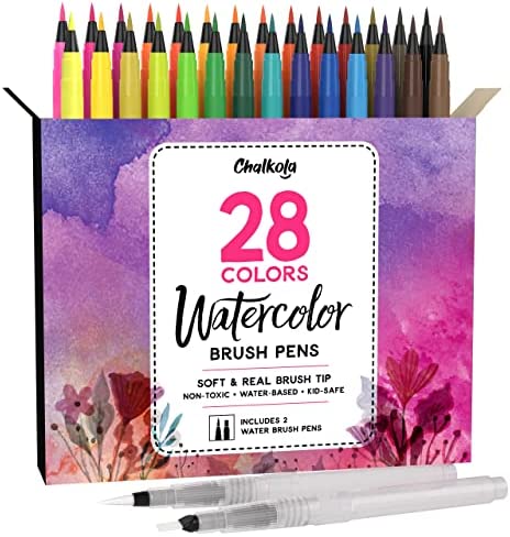 Chalkola Watercolor Brush Pens for Lettering, Coloring, Calligraphy - Set of 28 Colors, 15 Water Color Painting Pad & 2 Paint Brush Markers - Drawing Art Supplies for Kids, Adults, Professional Artist
