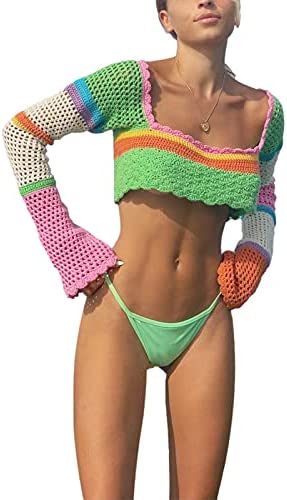 Women Y2k Long Sleeve Knit Crop Top Casual Color Block Crochet Cropped Sweater Tops Square Neck Knitwear