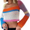 Y2k Women Long Sleeve Crop Top Crochet Knit Color Block Pullover Jumper Tops Loose Patchwork Shirts 90S Streetwear