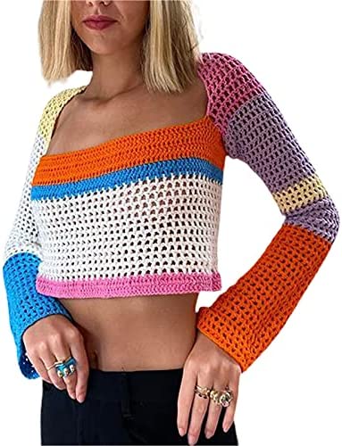 Y2k Women Long Sleeve Crop Top Crochet Knit Color Block Pullover Jumper Tops Loose Patchwork Shirts 90S Streetwear