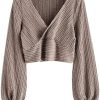 ZAFUL Women's Pullover Ribbed Cropped Knitwear Drawstring Ruched Knitted Crop Top Solid V-Neck Long Sleeve T-Shirt