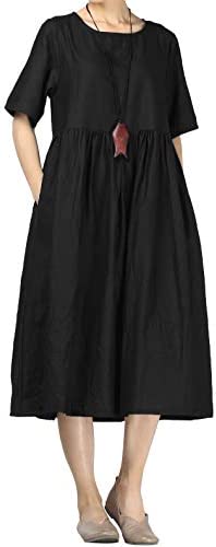 Mordenmiss Women's Cotton Linen Dress Summer Midi Dresses with Pockets