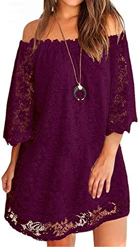 OURS Women's Casual Off Shoulder Lace Shift Loose Mini Dress with 3/4 Sleeve