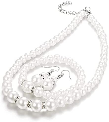 Finrezio Faux Pearl Choker Necklace Dangle Earrings Bracelet Crystal Jewelry Set for Women Wedding Jewelry Sets Bridesmaids Gifts