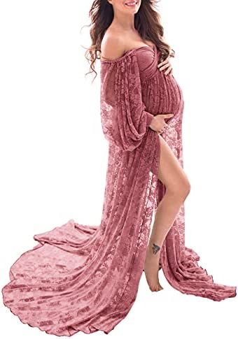 Saslax Soft Stretchy Lace Off Shoulder Doubly Split A-line Skirt Maternity Dress Pregnancy Maxi Gown for Photoshoot
