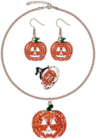 MUSECLOUD 4pcs Halloween Jewelry Set Thanksgiving Pumpkin Ring Necklace Earrings for Women Rhinestones Hook Dangle Earrings Pendant Necklace Adjustable Ring Halloween Costume Jewelry