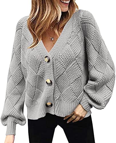 Asskdan Women's V Neckline Button Down Knitwear Lantern Sleeve Basic Knit Cardigan Sweater Tops