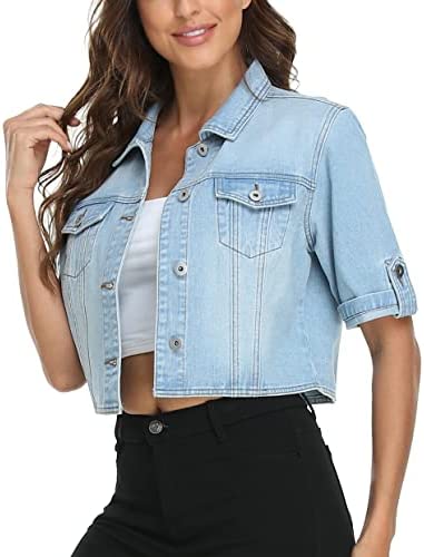 MISS MOLY Women's Cropped Denim Jackets Summer Short Sleeve Classic Casual Jean Jackets