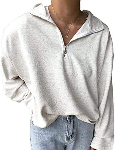 Womens Oversized Half Zip Lapel Sweatshirt Solid Color Casual Long Sleeve Cropped Pullover Top