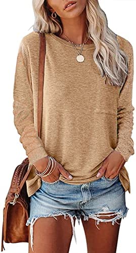 YESNO Women Casual Loose Long Sleeve Shirts Crewneck Solid Tops Pullover Sweatshirts with Pocket TY2