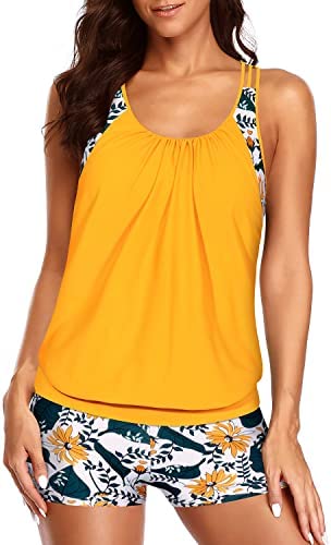 Yonique Tankini Swimsuits for Women Blouson Swim Tops with Boy Shorts Two Piece Bathing Suits Athletic Swimwear