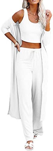 Womens Pajamas Set Fall Winter 3 Piece Loungewear Set Crop Vest Top Loose Pants and Cardigan Knitwear Jumpsuit Warm