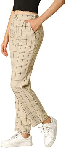 Allegra K Women's Plaid Pants Elastic Waist Casual Work Office Long Trousers