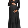 ZIUMUDY Maternity V Neck Chiffon Photography Gown Long Sleeve Lace Stitching Maxi Dress for Baby Shower