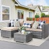 Shintenchi Patio Furniture Sets Outdoor Sectional Sofa Silver All-Weather Rattan Wicker Small Patio Conversation Couch Garden Backyard with Washable Couch Cushion and Glass Table 3 Pieces Khaki