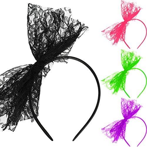 80's Lace Headband Costume Accessories for 80s Theme Party, No Headache Neon Lace Bow Headband, Set of 4
