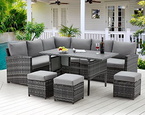 AECOJOY 7 Pieces Outdoor Patio Furniture with Table, Wicker Rattan Outdoor Patio Furniture Set Clearance Sets, Patio Dining Furniture Set with Table&Chair, Grey