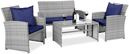 Best Choice Products 4-Piece Wicker Patio Conversation Furniture Set w/ 4 Seats, Tempered Glass Tabletop - Gray Wicker/Navy Cushions
