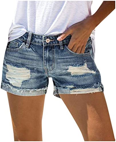 Distressed Denim Shorts Women Cut Off Stretchy Ripped Jean Shorts Casual Summer Mid Waist Short Pants with Pockets