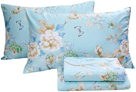 FADFAY Floral Bedding Shabby Blue Bird Print Bed Sheet Set Luxury Bedding Collections 800 Thread Count 100% Egyptian Cotton Deep Pocket, 4 Piece-King Size