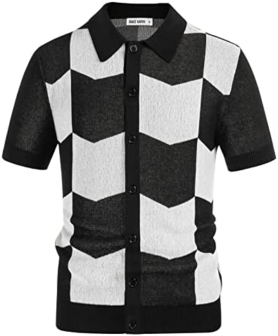 GRACE KARIN Men's Plaid Polo Shirt Button Down Contrast Short Sleeve Knit Polo Cardigan