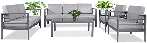 GreeLife Outdoor Patio Furniture Set Metal Patio Couch Conversation Sets Modern Dark Grey Sectional Seating Sofa with Waterproof Cushion and Coffee Table for Balcony Backyard Garden Lawn Poolside