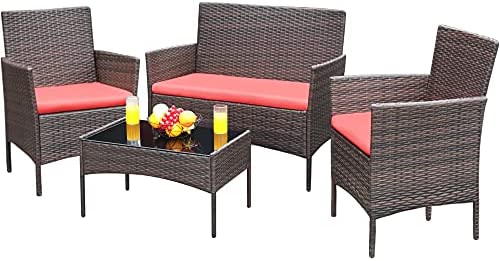 Greesum Patio Furniture 4 Pieces Conversation Sets Outdoor Wickerr Rattan Chairs Garden Backyard Balcony Porch Poolside loveseat with Soft Cushion and Glass Table, Brown and Red