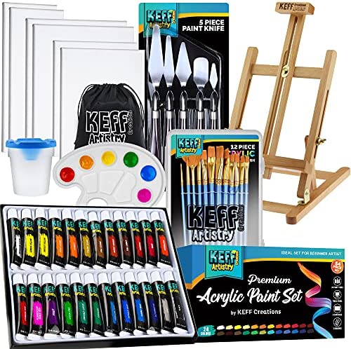 KEFF Creations Acrylic Paint Set - 54 Piece Professional Artist Painting Supplies Kit, Art Painting, 24 Acrylic Paint Tubes, Paintbrushes, Canvases and More-for Adults & Beginners