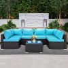 Lausaint Home Outdoor Patio Furniture, 7 Pieces Outdoor Sectional PE Rattan Wicker Patio Furniture Sets, All Weather Backyard Conversation Seat with Cushion and Glass Coffee Side Table (Blue)