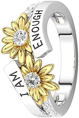 ManRiver Sunflower Rings for Women - I Am Enough Letters Carving Flower Promise Rings Jewelry Accessory Gifts Size 5-11 (Yellow, 10)