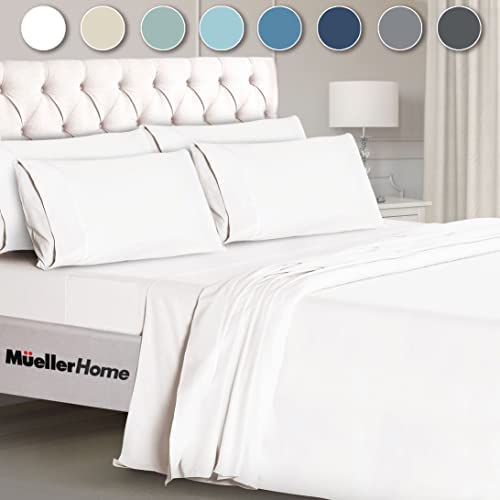 Mueller Ultratemp Bed Sheets Set, Super Soft 1800 Thread Count Egyptian 18-24 Inch Deep Pocket Sheets, Transfers Heat, Breathes Better, Hypoallergenic, Wrinkle, 6Pc, White King