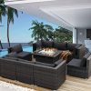 NICESOUL Large Size High Back PE Rattan Patio Furniture Sectional Sofa Sets with Fire Pit Table Gray Color Outdoor Wicker Conversation Sets 9 Pcs