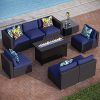 PHI VILLA Patio Furniture Set 9 Pieces Outdoor Sectional Rattan Sofa Set with Gas Fire Pit Table, PE Rattan Wicker Patio Conversation Set with Coffee Table, CSA Approved Propane Fire Pit