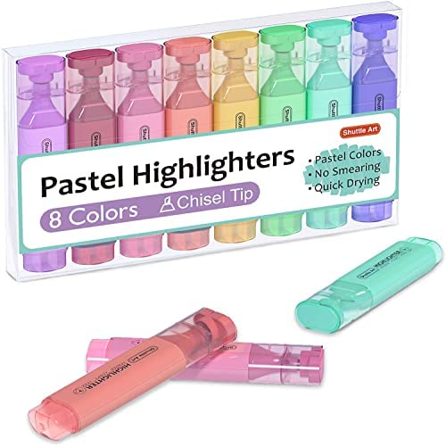 Pastel Highlighters, Shuttle Art 8 Assorted Macaron Colors Highlighter Pens, Chisel Tip Dry-Quickly Non-Toxic Highlighter Markers for Adults Kids Highlighting in the Home School Office