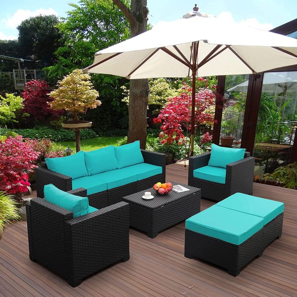 Rattaner Patio Wicker Furniture Set 6 Pieces Outdoor PE Rattan Conversation Couch Sectional Chair Sofa Set with Turquoise Cushion.