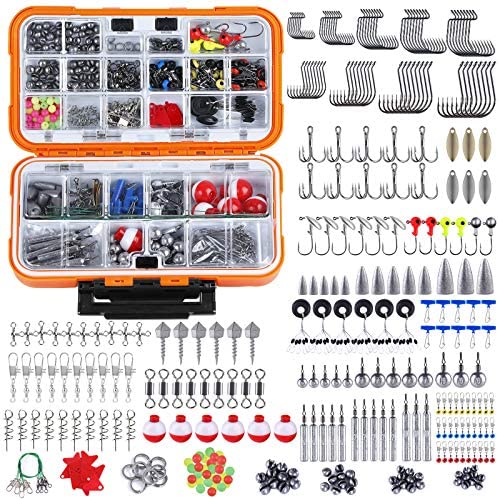 TOPFORT 187/230pcs Fishing Accessories Kit, Including Jig Hooks, Bullet Bass Casting Sinker Weights, Fishing Swivels Snaps, Sinker Slides, Fishing Set with Tackle Box