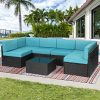 U-MAX 7 Pieces Outdoor Patio Furniture Set, All Weather Black PE Rattan Wicker Sofa Set, Sectional Furniture Conversation Set with Cushions and Coffee Table for Porch Garden Poolside, Blue