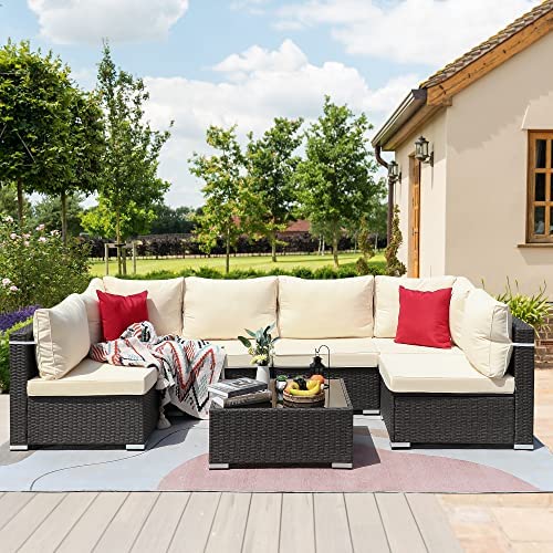 Updated-7 Piece Patio Furniture Set, Outdoor Sectional Sets, Patio Sectional Sofa, PE Wicker Patio Furniture Set, Outdoor Rattan Sectional Sofa, Patio Conversation Sets (Brown+Beige)