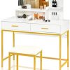 VINGLI Large Vanity Set with Lighted Mirror,Modern Makeup Vanity Table Set with Mirror and LED Lights in 3 Colors,Bedroom Dressing Table with 2 Large Drawers and Storage Shelves for Women,White&Gold