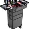 VIVOHOME 4 in 1 Makeup Rolling Train Case Aluminum Trolley Professional Cosmetic Organizer Box with Shoulder Straps 2 Keys Black(Cosmetic are not included)