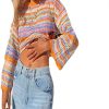Women Colorful Knit Pullover Crochet Knitted Y2K Long Flared Sleeve Casual Sweater Rainbow Striped Knitwear