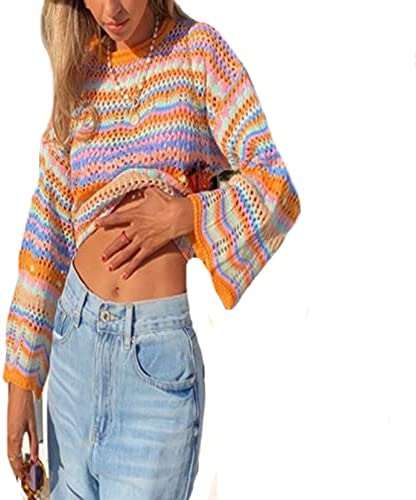 Women Colorful Knit Pullover Crochet Knitted Y2K Long Flared Sleeve Casual Sweater Rainbow Striped Knitwear