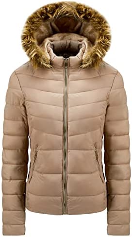 Women's Heavy-Weight Long-Sleeve Casual Full-Zip Hooded Puffer Coat Winter Warm Jacket Long Down Faux Fur Hooded