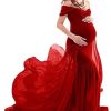 ZIUMUDY Maternity Chiffon Mermaid Gown Off Shoulder Dropped Sleeve Fitted Photo Shoot Photography Dress