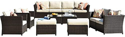 ovios Patio Furniture Set Outdoor Furniture 12 Pcs Sets PE Rattan Wicker Sectional with 4 Pillows and 2 Patio Furniture Covers, No Assembly Required (Beige)